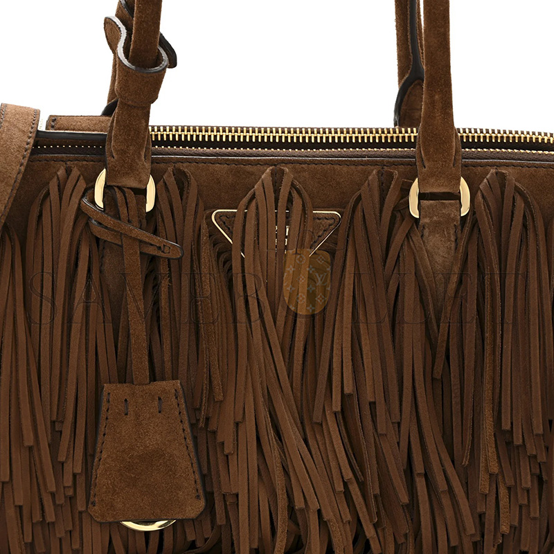 Pra*a SUEDE FRINGE GALLERIA MEDIUM DOUBLE ZIP TOTE COCOA BROWN (30*14*10.5cm)